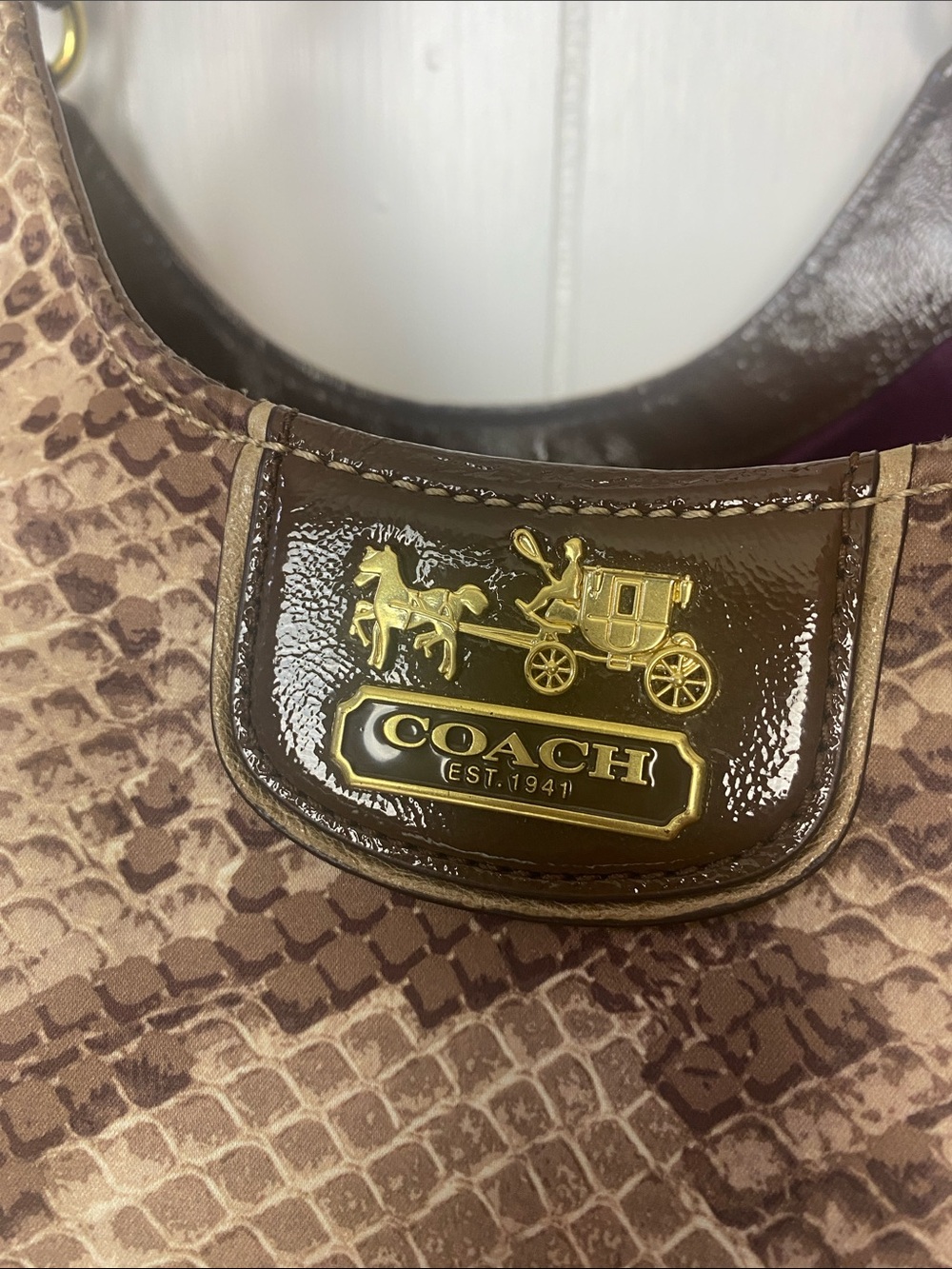COACH 19843 Madison Maggie Tan Cream Python Snake Print Sateen Fabric Hobo Bag - Picture 2 of 11